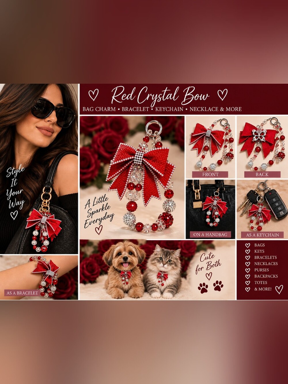 Red Crystal Bow Bag Charm with Beaded Drops